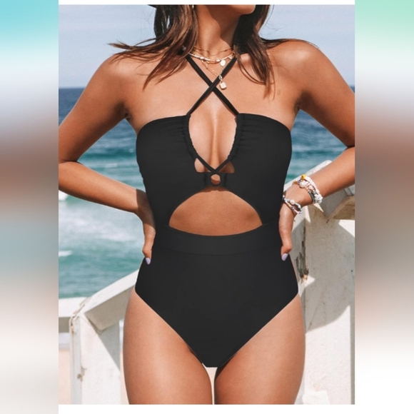 CUPSHE Women's One Piece Swimsuit Plunge Neckline Cutout Criss Cross. Size L - Picture 1 of 7